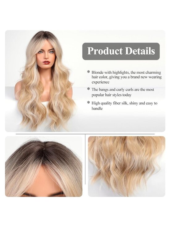 Women\'s Blonde Heat Resistant Long Curly Wavy Synthetic Wig with Bangs Size 26In main image 5